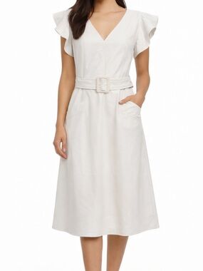 Venti6 Faux Leather Flutter Sleeve Midi Dress Ivory Size Small